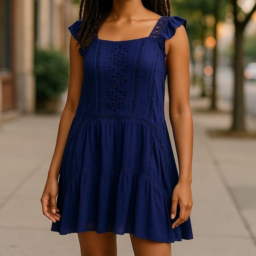 Free People Blue Eyelet Front w/Crochet Flutter Sleeves Flapper Dress M NWT